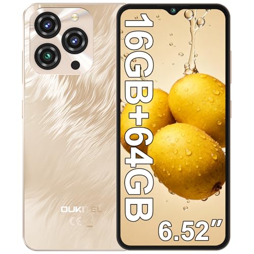 OUKITEL C3 Telefones celulares livres, 16 GB (4 12) + 64 GB/1 TB telemóvel, 6,52" Smartphone Android 14, bateria 5000 mAh, câmara 13 MP+5 MP, 4G Dual SIM/Face ID/3,5 mm/GPS/OTG, dourado