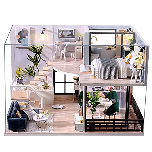 CUTEBEE Casa de bonecas em miniatura com móveis, kit de casa de bonecas de madeira DIY Plus à prova de poeira e movimento musical, escala 1:24 ideia criativa de quarto - L32