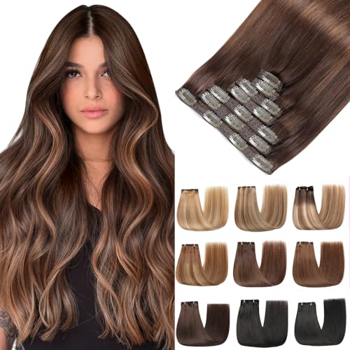 EINbeauty Clipe de extensões de cabelo natural, 7 unidades 120 g 50 cm Natural Extensões de clipe de cabelo castanho Human Hair Extensão (20 polegadas, 2/2/6 #)