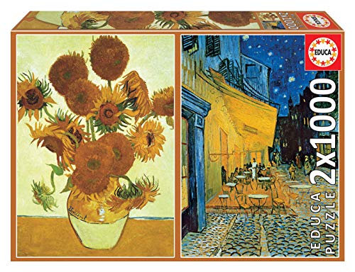 Educa - Conjunto de 2 puzzles de 1000 peças para adultos | série Art Collection | Os girassóis e terraço de café à noite de Vincent Van Gogh (18491)