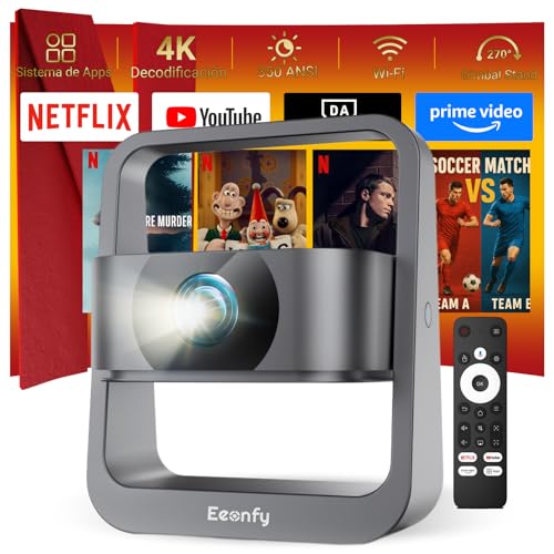 [App integrado] Eeenfy Projetor portátil, projetor TV com E-Focus/Keystone, 350ANSI, 1080P suporte, projetor Wi-Fi Bluetooth, projetor vídeo 4K suporte para cinema em casa, melhoria 2025, cinzento