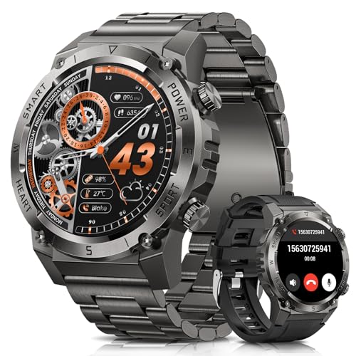 NAIXUES 2025 Relógio inteligente homem, 1,46" militar Smartwatch com chamadas Bluetooth, 500 mAh 110 modos desportivos pulseira atividade, pulsómetro/SpO2/sonho/podómetro, IP68, 2 correias, preto meto