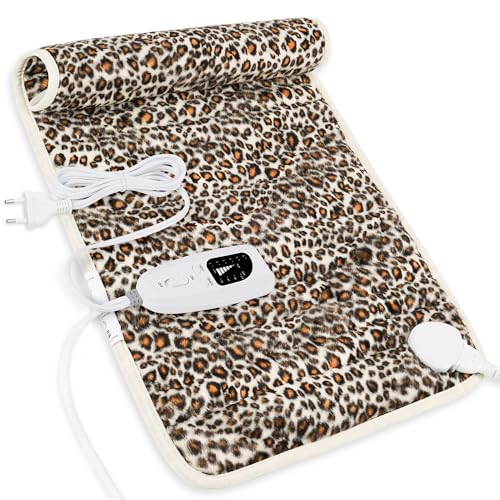 Manta elétrica lombar, manta elétrica para costas, pescoço, ombros e barriga com função de desligamento automático, flanela suave estampado de leopardo, 30 x 60 cm