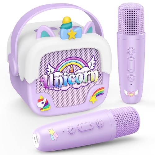 Dislocati Microfone Karaoke infantil unicórnio, presente para menina 3-12 anos presentes comunhão menina unicórnio para meninas karaoke 2 microfones sem fios brinquedos menina 3-12 anos festa, casa
