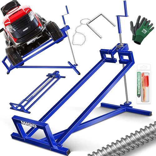 MASKO® Elevador para trator de relvado XXL 400 kg plataforma elevadora elevador corta-relvas de assento ajuda para limpeza universal + 45° de inclinação ajustável inclui luvas de trabalho azul