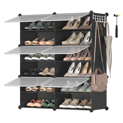 SONGMICS Armário de sapato de plástico, 6 compartimentos para 24 pares de sapatos, com portas, estrutura de aço e prateleiras de plástico, armário para quarto, tinta preta e transparente LPC033B01