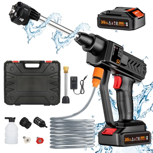 Housiwill Hidrolimpeza de alta pressão, hidro-limpeza sem fios 300 W 24 V com 2 baterias recarregáveis, bocal 6 em 1 bateria de limpeza de automóveis / pátios