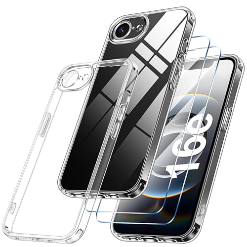 Qasyfanc Capa compatível com iPhone SE 4 (2025), capa com proteção da câmara e 2 protetor de ecrã, TPU proteção militar anti-choque capa PC anti-riscos capa, transparente