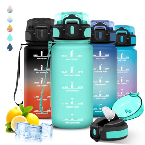 Garrafa de água para crianças, 500 ml, à prova de fugas, garrafa de água para crianças, colégio, com escala de tempo, reutilizável, cantil com palhinha, para a escola, escritório, campismo, desportos
