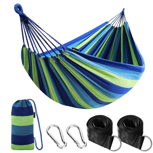 Anyoo Cama de rede de algodão para jardim ao ar livre, cama portátil de lona com cordas, para acampar, capacidade para 200 kg de peso, leve, com bolsa, para jardim, pátio, terraço, praia, viagens de mochila às costas