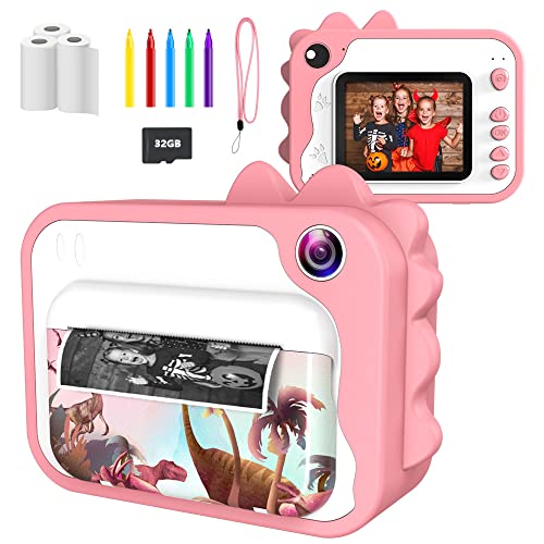 Ushining Câmara instantânea para crianças, 1080P câmara digital para crianças com ecrã de 2,4 polegadas cartão micro SD de 32 GB, papel de impressão de 3 rolo, presente para crianças dos 3 aos 12 anos