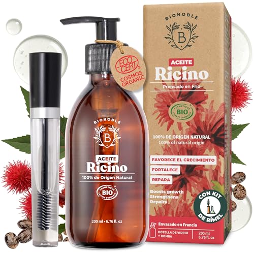 BIONOBLE, Óleo de rícino bio 100% orgânico, inclui rímel, óleo de rícino para pestanas, sobrancelhas, barba, óleo de castor para o cabelo, óleo de rícino puro para o cabelo, castor oil