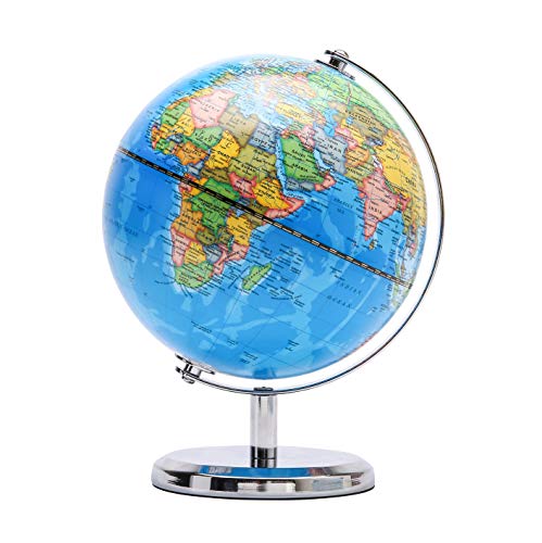 Exerz Globo terrestre 20 cm - mapa político em inglês - decoração educativa e moderna para secretária - base de metal (azul)