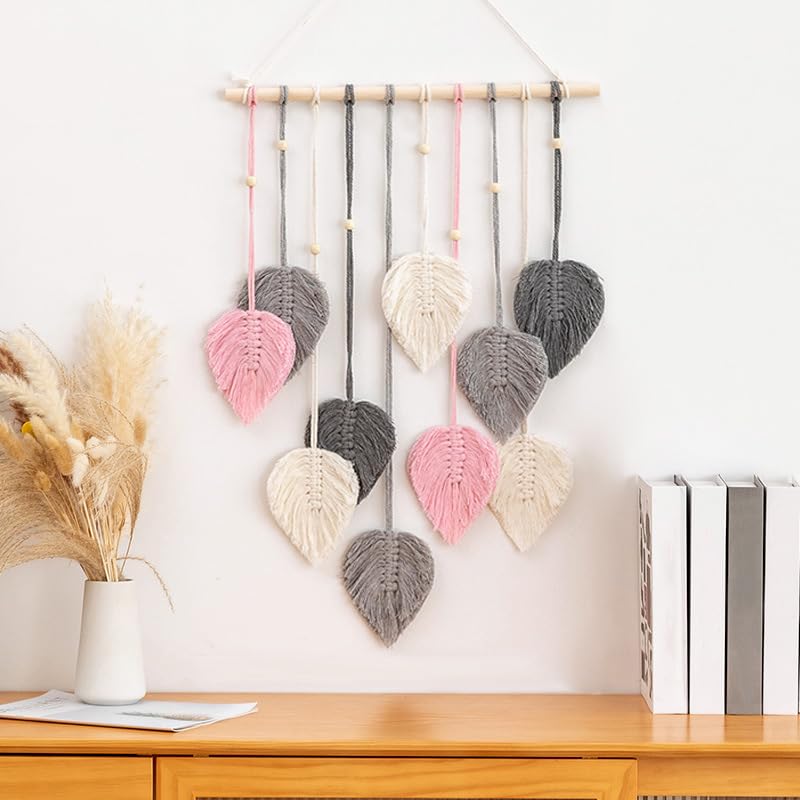 CCAIPU Tapeçaria de parede de macramé, tapeçaria tecida com folhas de boêmia, feita à mão, decoração de parede com penas e folhas para sala de estar, quarto e casa (cinzento rosa)