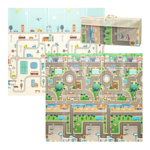 ATAA Tapete de jogos de espessura 1,5 cm reversível colchão infantil dobrável. Tapete dobrável para jogos, 180 x 200 cm, tapete de dupla face, impermeável, não tóxico, cor: (cidade)