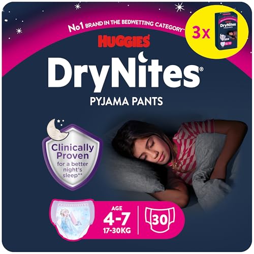 Huggies DryNites Cuecas absorventes para menina 4-7 (17 - 30 kg), clinicamente testadas com 5 camadas de máxima proteção noturna, 3 embalagens de 10, total 30 fraldas de noite