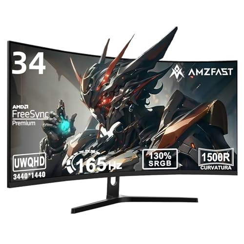Amzfast Monitor de jogos curvo de 34" de 165 Hz, UWQHD 3440 x 1440, 21:9, 1 ms MPRT AMD FreeSync Premium sRGB 130% / DCI-P3 98%, HDMI 2.1, DisplayPort, cuidado com a vista, VESA 77770 5x75, Pip/PBP