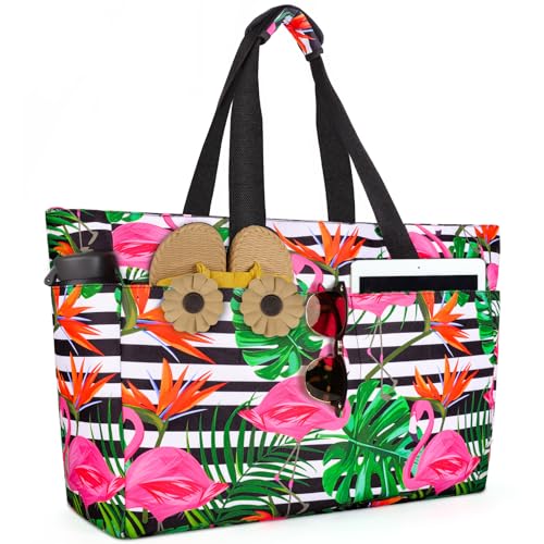 ISEYOU Bolsa Playa, Bolso Playa Mujer Impermeable Con Cremallera 45L, Bolsas Grandes XXL Familiar con 8 bolsillos Plegable Para Viajes, Picnic, Vacaciones
