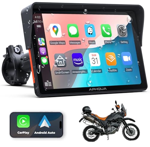 APHQUA 722 CarPlay Moto com suporte em forma de U, CarPlay e Android Auto sem fios, ecrã tátil impermeável de 7", Bluetooth, navegação GPS, Siri e assistente de G00gle