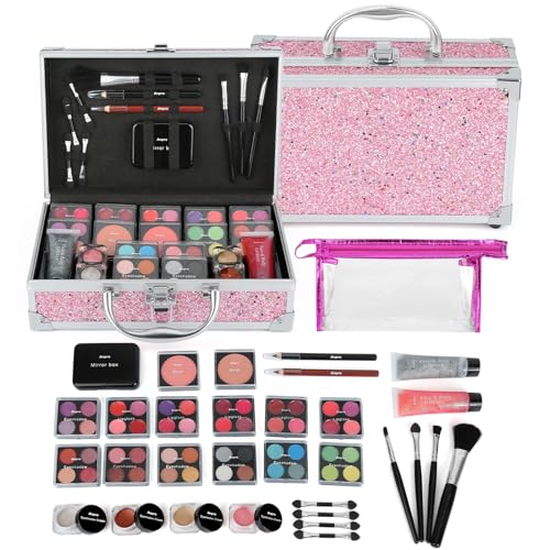 Anpro Estojo de maquilhagem tudo em um com conjunto de maquilhagem Pro Teen, kit completo de cosméticos com pincéis de maquilhagem, batons, paleta de sombras de olhos, colorete, púrpura em gel - rosa