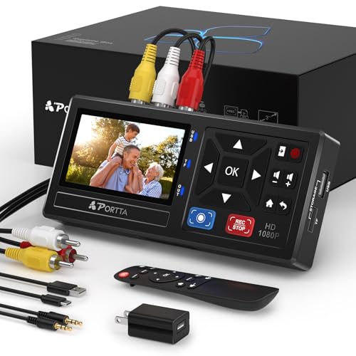 PORTTA VHS to Digital Converter, VHS para gravador digital com remote, RCA to HDMI Converter compatível com VHS, VCR, DVR, DVD, Hi8, Mini DV, Camcorder, Cassette Tape, Gaming Consoles