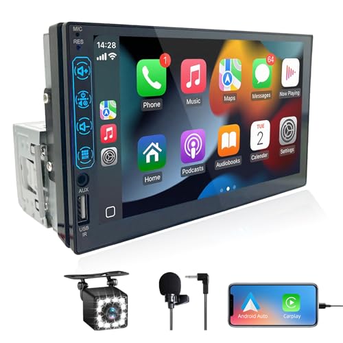 Rádio1 DIN com ecrã com CarPlay e Android Automóvel, ecrã táctil HD de 7 polegadas - ecrã rádio 1 DIN, compatível com MirrorLink para iOS/Android e câmara reversa, rádio FM/USB/EQ/Mic