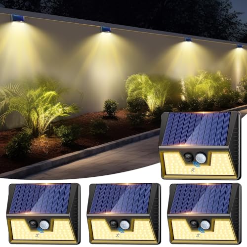 nipify Luz solar exterior com sensor de movimento, 4 pacotes/3 modos: luzes solares exteriores, holofotes solares exteriores, IP65 impermeável candeeiros exteriores para jardim, garagem, pátio,