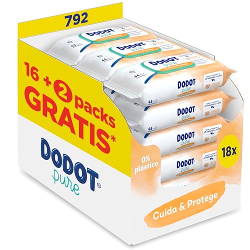 Dodot Toalhetes Pure cuida e protege para bebé 18 pacotes de 44 unidades = 792 toalhetes, ajudam a restaurar o pH natural da pele, uma gota de calêndula