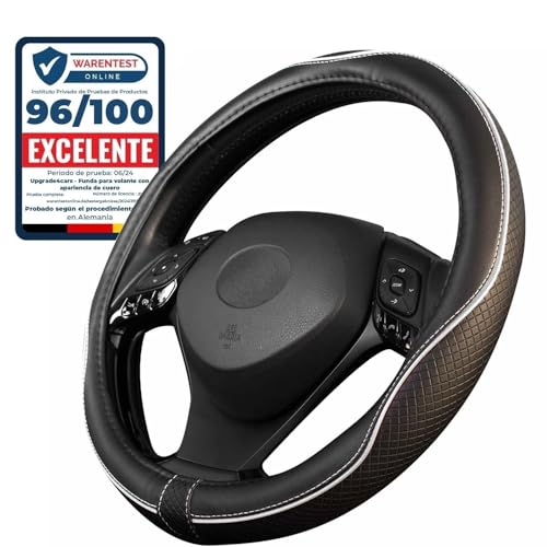 Upgrade4cars Capa volante carro universal preto branco poli pele | 37-39 cm diâmetro exterior | acessórios de carros interior decoração | ideias presentes