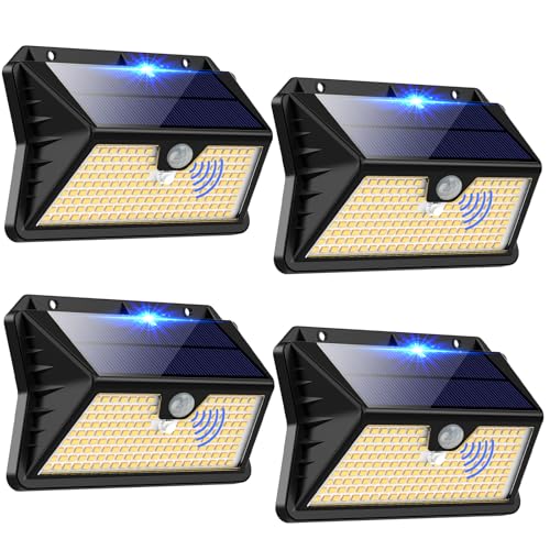 OUILA Luz solar exterior, 【4 pacotes: 185 LED/3 modos de holofote solar exterior com sensor de movimento, IP65 impermeável candeeiros exterior para jardim, garagem, rua, pátio, caminhos (branco