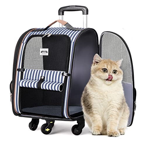 Lekespring Transportin gato com rodas e haste telescópica, mochila para cão respirável e impermeável, transporte cão com arnês interno, mochila de gato carga máxima de 8 kg, mala Trolley às riscas