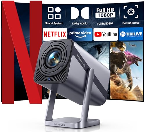 Smart Projetor 4K [Netflix oficial/Dolby/E-Focus/Auto Keystone] WiFi Bluetooth 1080P projetor portátil nativo, Full HD projetores com zoom de 50%, giratório de 360° para telemóvel / PC/cinema em casa