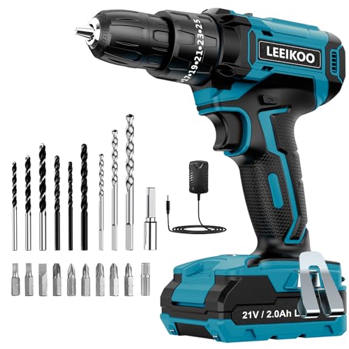 Broca de bateria 21 V, LEEIKOO Broca parafuso de bateria, 42 N.m parafuso elétrico com bateria 2,0 Ah, 25 3 ajuste de par, 24 acessórios, 2 velocidades, luz LED para casa, bricolage