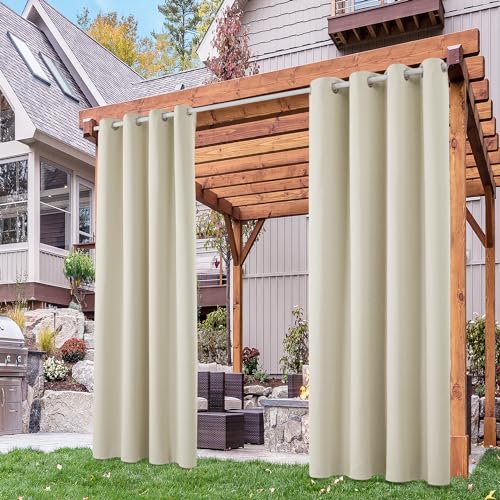 Deconovo Cortinas opacas de jardim, cortinas de exterior, impermeável e resistente à luz solar, para janelas, alpendre exterior, terraço, 2 peças, com ilhoses, 140 x 270 cm, bege claro