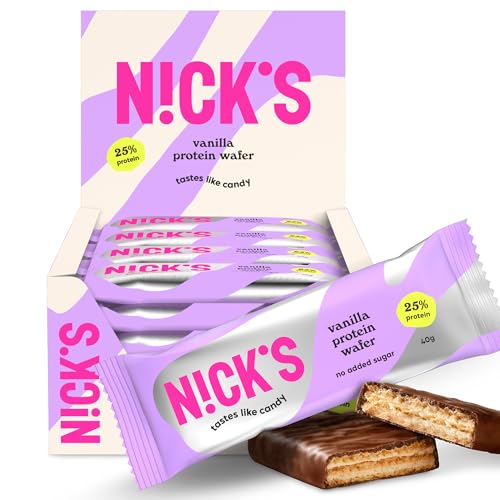 NICKS Protein wafer baunilha | 25% de proteína, 203 calorias, barras protetoras bolacha chocolate sem açúcar adicionado Low Carb Snack Bar sem glúten (24 x 40 g)