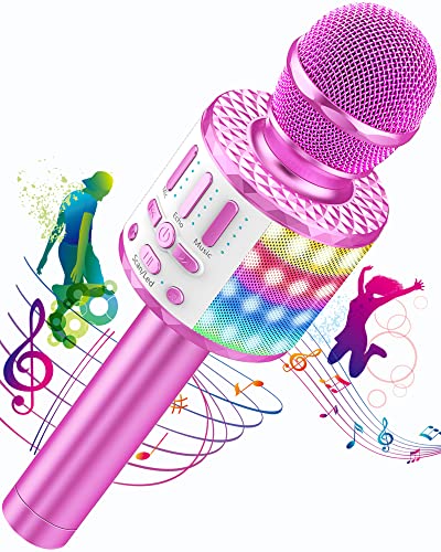 Microfone Karaoke Bluetooth, microfone sem fios karaoke com altifalante e LED, microfone portátil para crianças, jantar, jogo de música, meninas, suporte Youtube, Skype, Android/iOS/PC/AUX