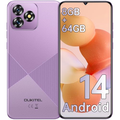 OUKITEL C53 Telemóvel 2025, ecrã HD de 6,6" e smartphone Android 14, 8 GB RAM+64 GB ROM/TF 1TB telemóvel, bateria 4300 mAh telemóveis livres, câmara 13 MP+5 MP, 4G Dual SIM - roxo