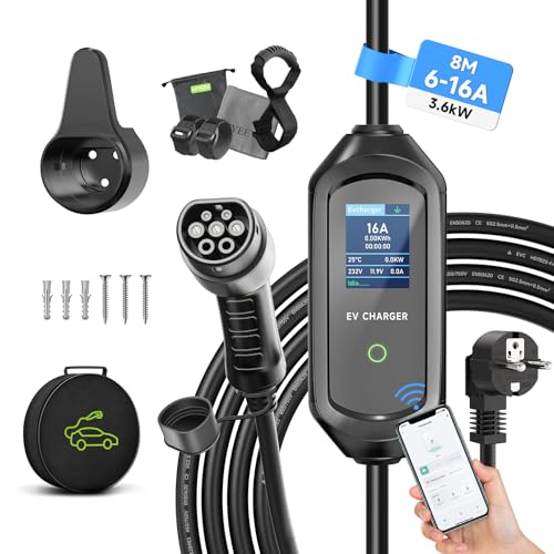 AFYEEV Carregador de carro elétrico tipo 2, 3,6 kW/8 m, corrente regulável 6A/8A/10A/13A/16A, EV tipo 2, IEC 62196-2 com bolsa