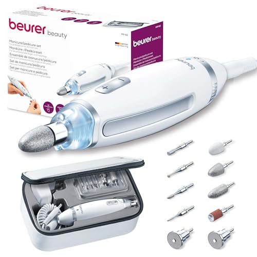 Beurer MP 62 Set de manicure e pedicure, torno de unhas elétrico com 10 acessórios de alta qualidade, luz LED, controlo de velocidade infinitamente variável, com bolsa de armazenamento