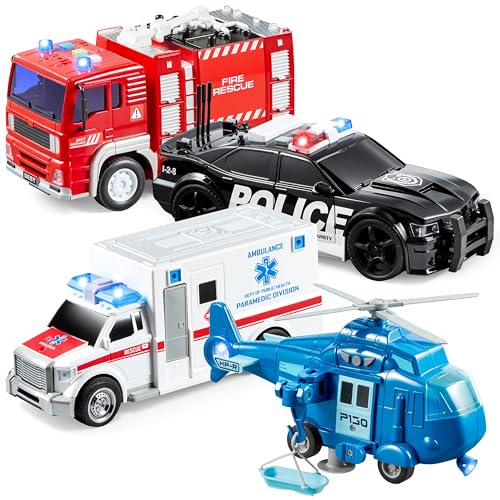 JOYIN Conjunto de 4 heróis urbanos impulsionados por fricção que inclui camião de bombeiros, ambulância, carro de polícia e helicóptero, veículos de emergência com luz e som