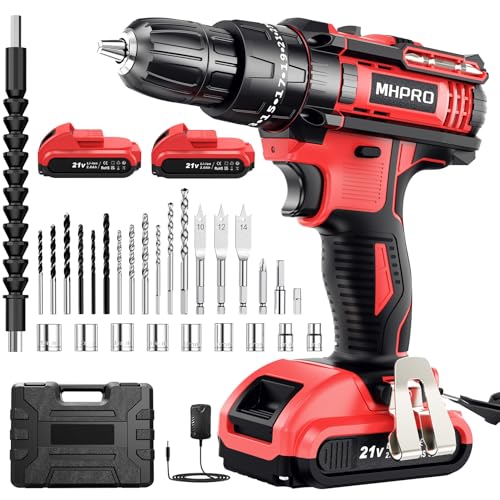 MHPRO Broca de bateria de 21 V, broca parafuso bateria com 2 baterias 2000 mAh, 42 Nm, 25 + 3 ajuste de par chave de fenda elétrica, 30 acessórios, 2 velocidades, luz LED para casa, bricolage