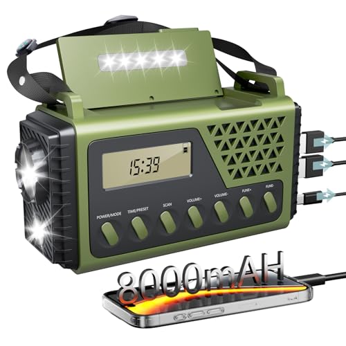 OBEST Rádio de emergência portátil, 8000 mAh bateria Powerbank, carregador solar e USB, rádio FM/Am/SW Emergency com luz de leitura, alarme SOS e bússola para acampar