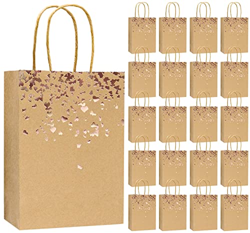 INHEMING 20 peças sacos de papel Kraft, saco de presente com alças e design corações dourado metálico, para aniversários, casamentos, Baby Shower, Natal e compras etc(castanho)
