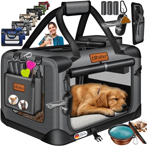 LOVPET® Caixa de transporte para cão e gato, bolsa de transporte, mala dobrável para cão e gato, Incl. Alimentador para cão e mala de ombro, XL - 81,3 x 58,4 x 58,4 cm - antracite