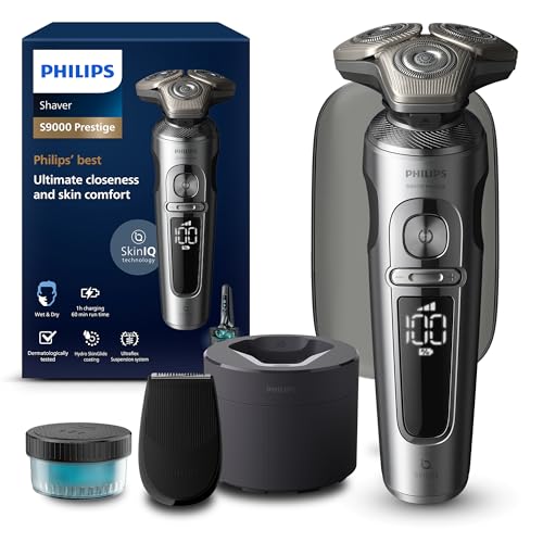 Philips S9000 Prestige, máquina de barbear elétrica para homem, máquina de barbear a seco e molhado, tecnologia de elevação e curta SkinIQ, aparador de precisão, centro de limpeza, capa premium,