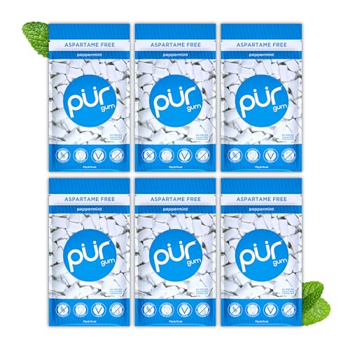 PUR Gum Maquete sem açúcar | Com Xilitol | vegano, sem aspartamo e sem glúten, pastilha natural com sabor a Peppermint, 55 peças, embalagem de 6 unidades