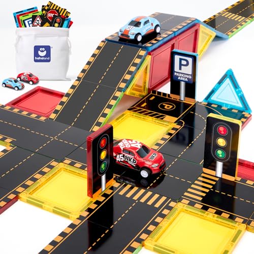 hahaland Construções magnéticas para crianças, blocos magnéticos de construção para crianças, 64 peças, brinquedos crianças caminhos da cidade com 2 carros 3 4 5 6 7 8 anos