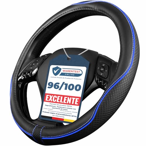 Upgrade4cars Capa volante carro azul preto universal poliéster pele | cobre 37 - 38 cm diâmetro exterior, acessórios para carros interior decoração coberta, ideias presentes