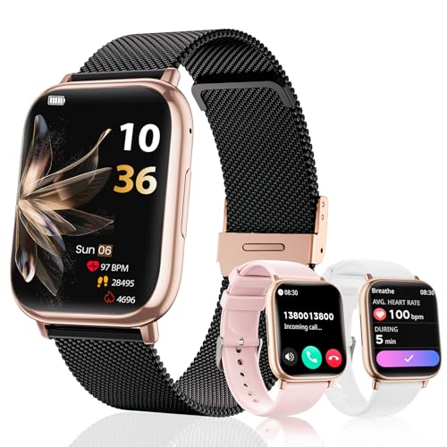 Relógio inteligente mulher com chamadas Bluetooth, 1,83" Smartwatch, com SpO2, pressão arterial, monitor de sono, podómetro, 100 modos desportivos, para Android iOS (Black Gold)