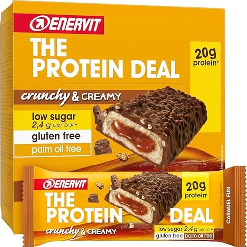 Enervit, Protein Bar, Caramel Fun 55 g, com 20 g de proteínas, baixo em açúcar (2,4 g), sem glúten, sabor caramelo
